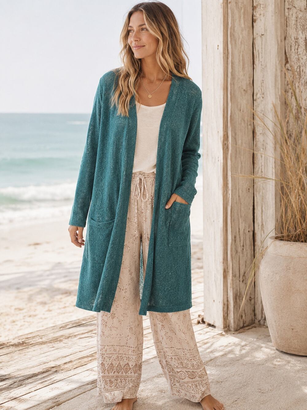 Women’s Teal Green Speckled Longline Open-Front Cardigan Estimated Size L
